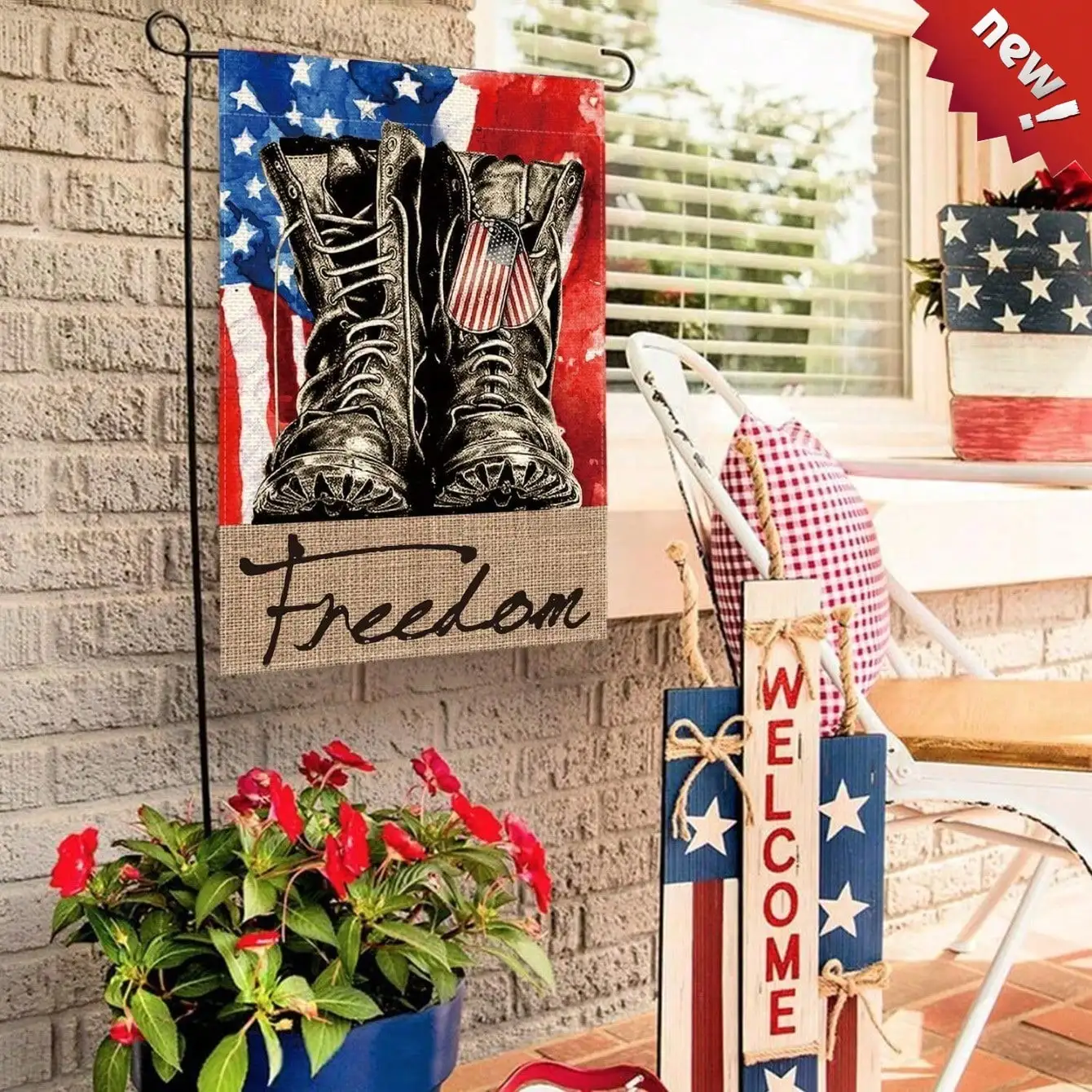 Военный патриотический садовый флаг двусторонний для улицы, с символикой свободы, в американском стиле, с дизайном в виде звезд и полос.
Военный патриотический садовый флаг двусторонний для улицы, с символикой свободы, в американском стиле, с дизайном в виде звезд и полос.