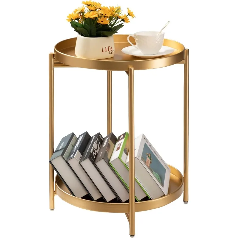 2 Tier Gold Side Table, Folding Round Metal End Table Small Nightstand with Two Removable Tray
2 Tier Gold Side Table, Folding Round Metal End Table Small Nightstand with Two Removable Tray