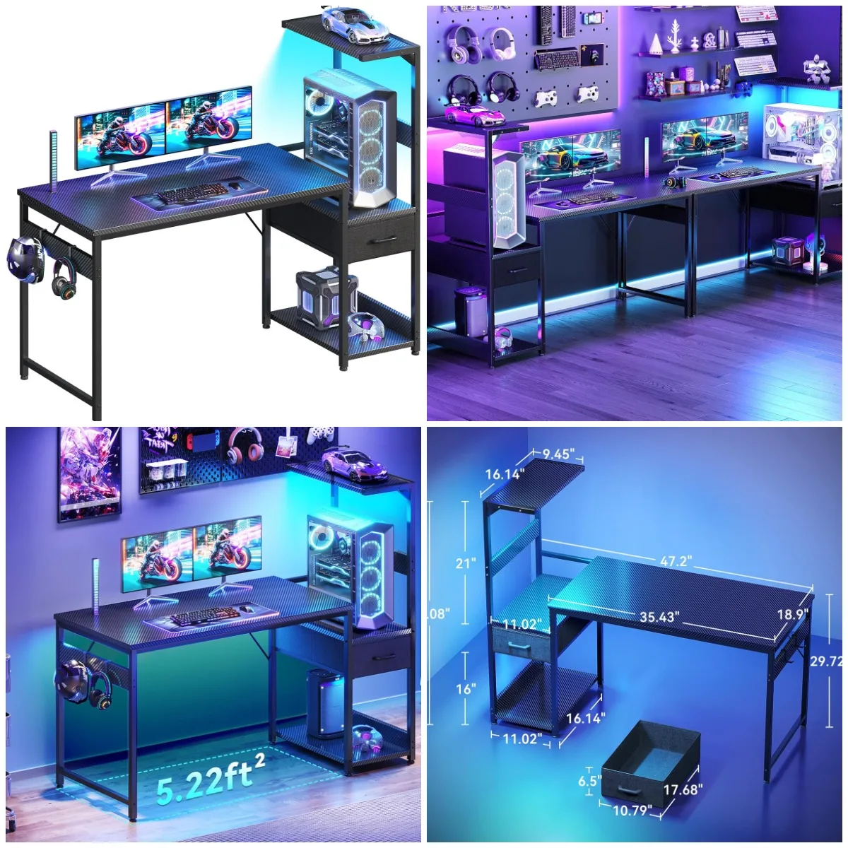 48' Gaming Desk with LED Lights, Storage, Display Shelves, Fabric Drawer, Headphone Hook, Carbon Fiber Black
48' Gaming Desk with LED Lights, Storage, Display Shelves, Fabric Drawer, Headphone Hook, Carbon Fiber Black
