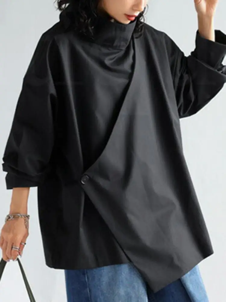 Uoozee Women's High Neck Black T-Shirts Spring Fashion Asymmetrical Long Sleeves Loose Buttoned Casual Simpie Tops 2024 New
Uoozee Women's High Neck Black T-Shirts Spring Fashion Asymmetrical Long Sleeves Loose Buttoned Casual Simpie Tops 2024 New
