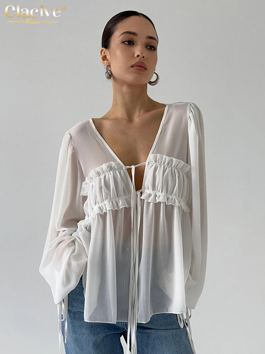 Clacive Sexy Loose White Women's Top 2025 Fashion V-Neck Long Sleeve Shirts Elegant See Through Lace-Up Tops Female Clothing
Clacive Sexy Loose White Women's Top 2025 Fashion V-Neck Long Sleeve Shirts Elegant See Through Lace-Up Tops Female Clothing
