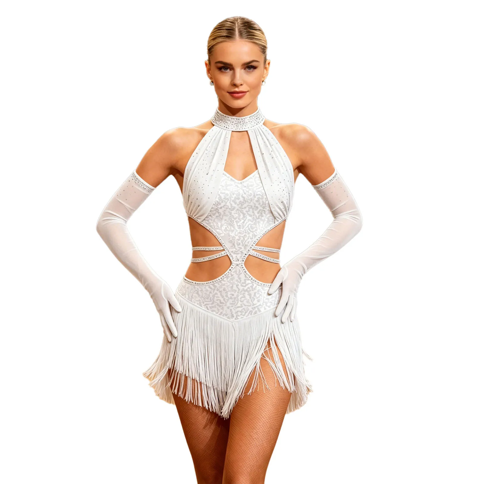 Women's Latin Tango Samba Salsa Dance Fringed Dress Cutout Sleeveless Strappy Waist Tassel Shiny Sequins Leotard with Gloves
Women's Latin Tango Samba Salsa Dance Fringed Dress Cutout Sleeveless Strappy Waist Tassel Shiny Sequins Leotard with Gloves