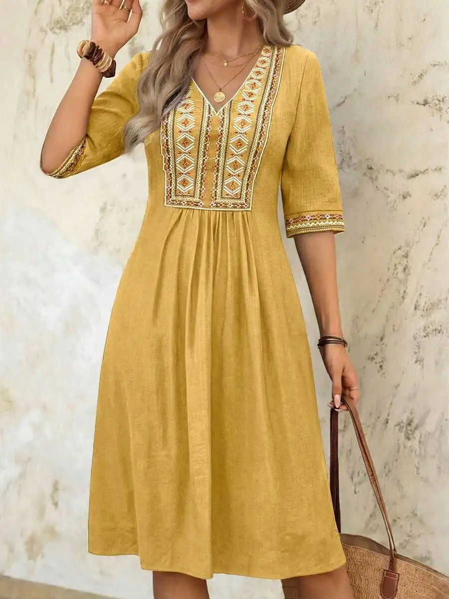 Womens Embroidered V-Neck Casual Midi Dress With Geometric Pattern Summer Boho Style
Womens Embroidered V-Neck Casual Midi Dress With Geometric Pattern Summer Boho Style