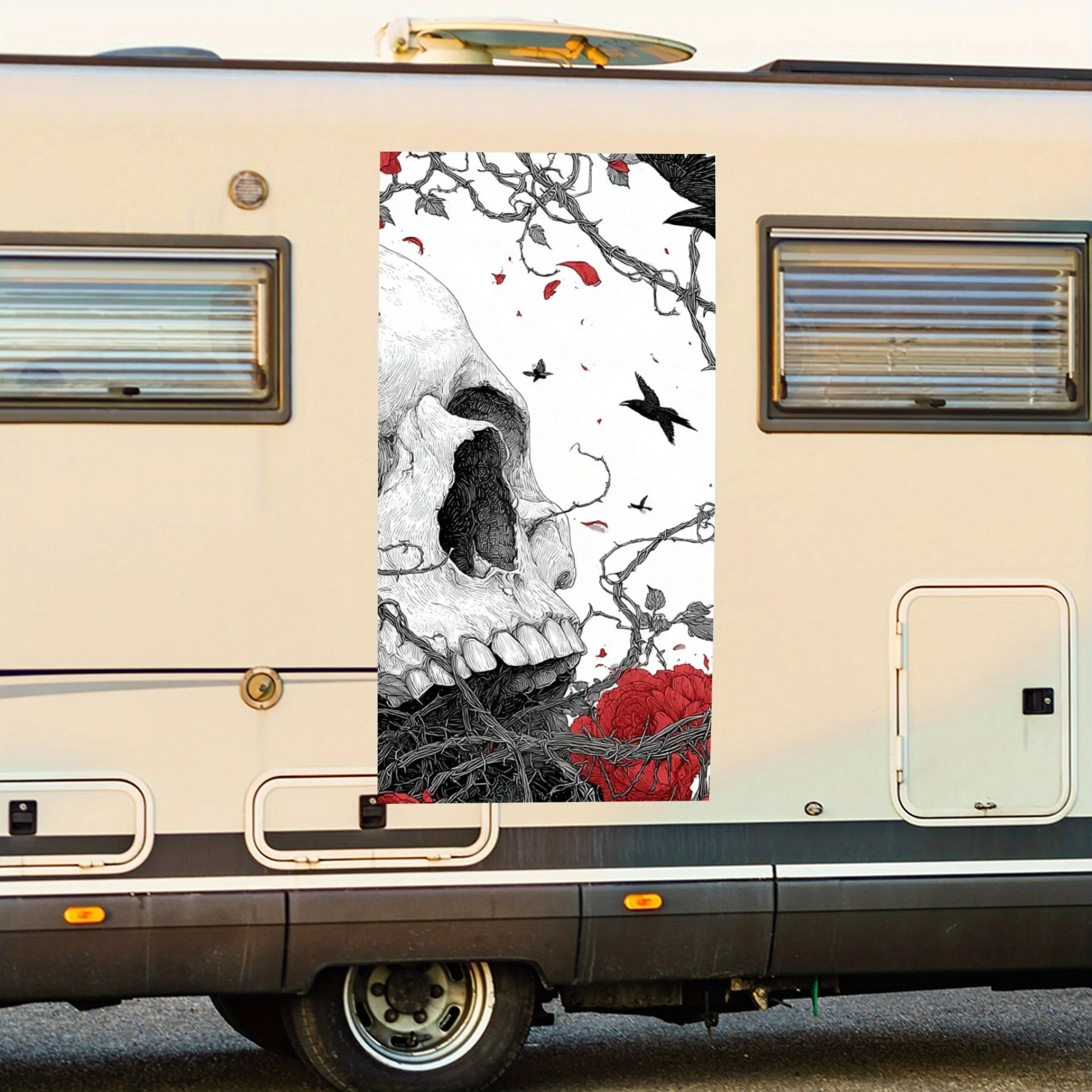 Mysterious Skull with Red Rose and Crow,Waterproof Vinyl Decal for RV Side, Self - Adhesive Stickers to Decorate & Protect RV Bo
Mysterious Skull with Red Rose and Crow,Waterproof Vinyl Decal for RV Side, Self - Adhesive Stickers to Decorate & Protect RV Bo