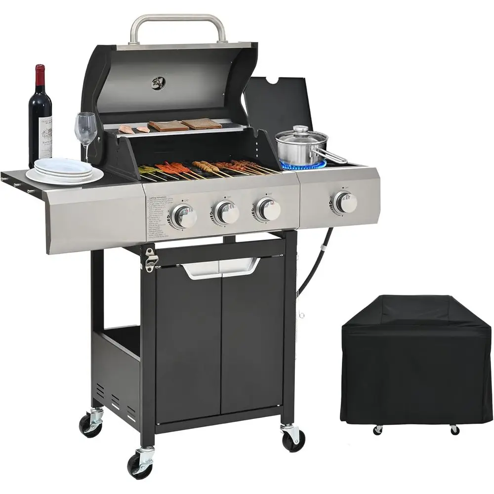 Triple Burner Propane Gas Grill with Side Burner, Stainless Steel, Thermometer, Wheels, Enameled Cast Iron Grates, Ideal for Pat
Triple Burner Propane Gas Grill with Side Burner, Stainless Steel, Thermometer, Wheels, Enameled Cast Iron Grates, Ideal for Pat