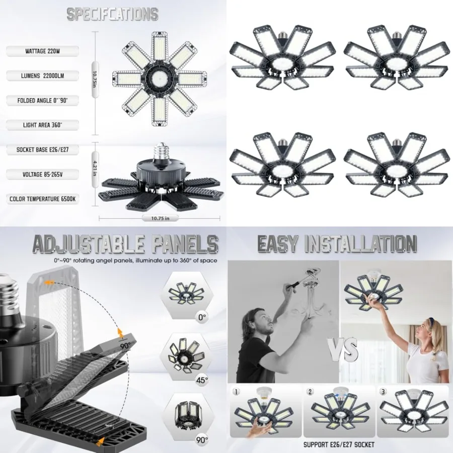 Garage Lights Pack 0W, 000LM LED Garage Lights with + Deformable 500K Screw in LED Shop Lighting for Workshop, Basement Support
Garage Lights Pack 0W, 000LM LED Garage Lights with + Deformable 500K Screw in LED Shop Lighting for Workshop, Basement Support