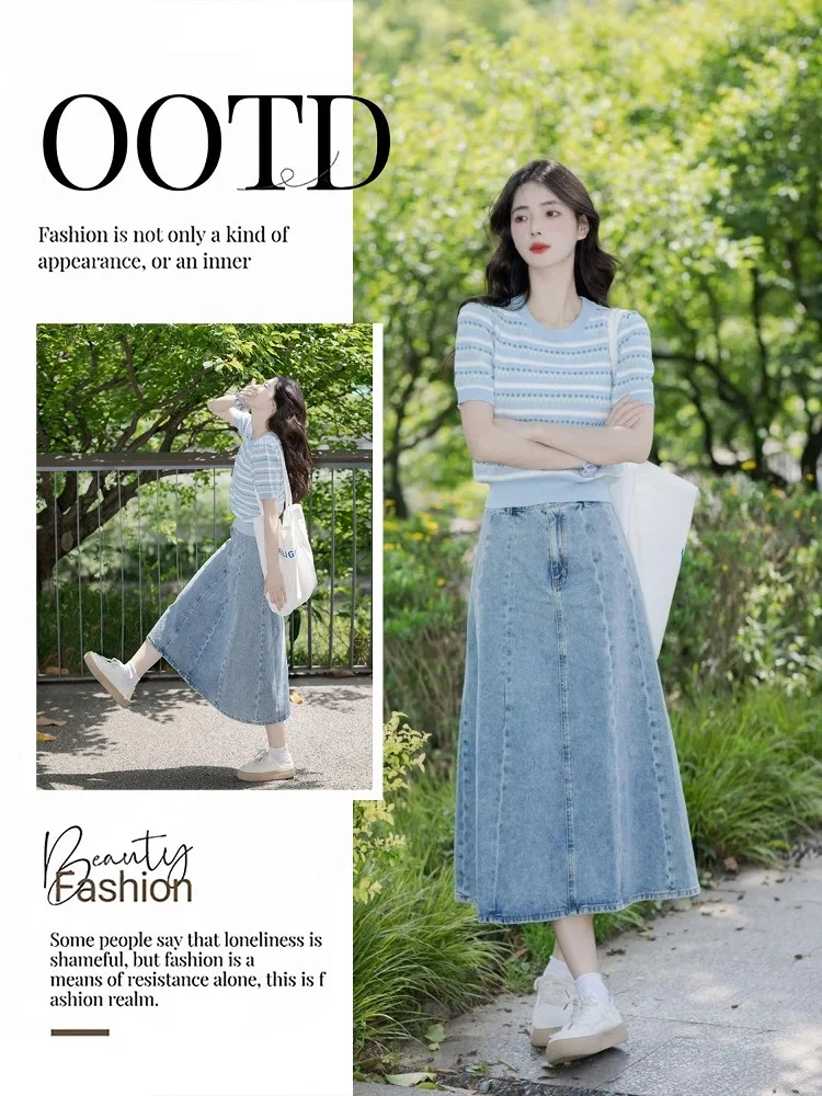 Summer Korean Style Blue Striped Short Sleeve T-Shirt High Waist Slimming Denim Skirt Set Women's And Casual Outfit
Summer Korean Style Blue Striped Short Sleeve T-Shirt High Waist Slimming Denim Skirt Set Women's And Casual Outfit