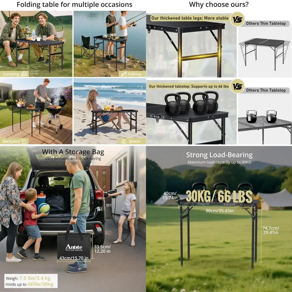 Portable Aluminum Folding Camping Table with 3 Heights, 35 x 16, Black, for Outdoor Travel & Picnics
Portable Aluminum Folding Camping Table with 3 Heights, 35 x 16, Black, for Outdoor Travel & Picnics