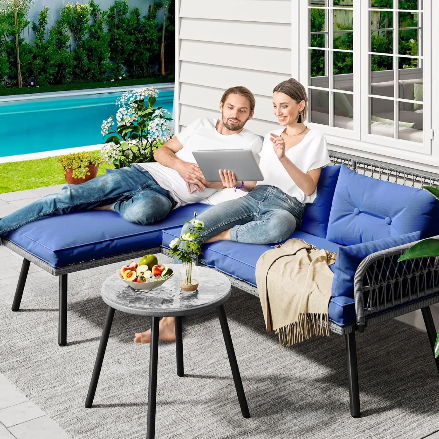 #L-Shaped Outdoor Patio Sectional Sofa Set W/ Cushions Detachable Lounger & Side Table For Backyard Porch Gray Navy, Customized
#L-Shaped Outdoor Patio Sectional Sofa Set W/ Cushions Detachable Lounger & Side Table For Backyard Porch Gray Navy, Customized
