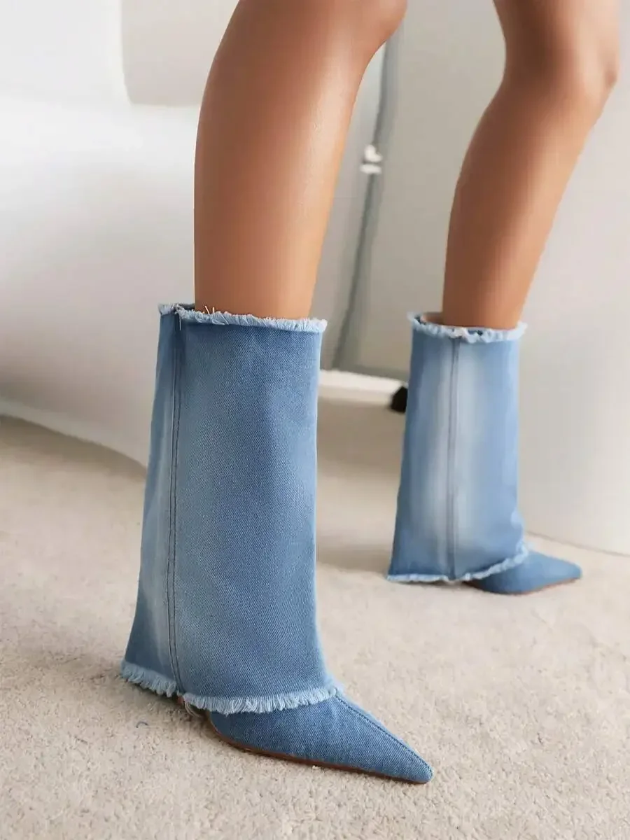Denim Pointed Toe Western Boots Stiletto Heel Ankle Booties For Women
Denim Pointed Toe Western Boots Stiletto Heel Ankle Booties For Women