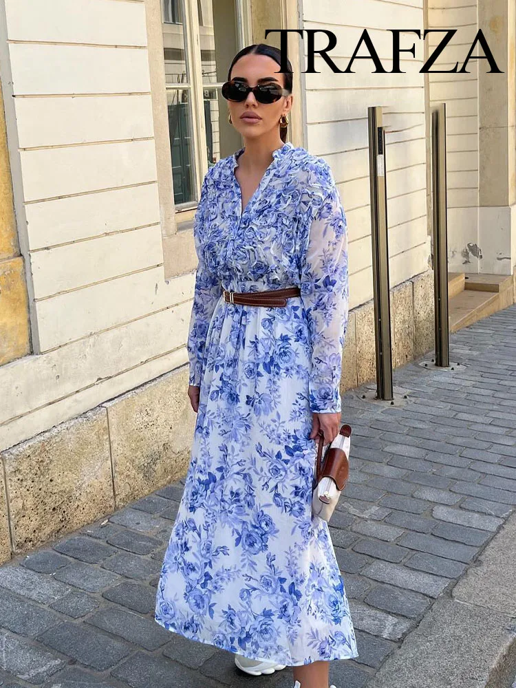 TRAFZA Spring Woman Chic Casual Floral Print Folds V-Neck Dress Female Elegant Belt Decoration Long Sleeve Midi Dresses Mujer
TRAFZA Spring Woman Chic Casual Floral Print Folds V-Neck Dress Female Elegant Belt Decoration Long Sleeve Midi Dresses Mujer