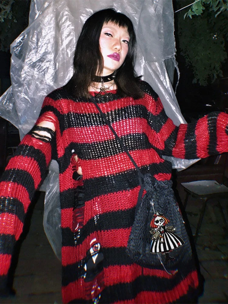 New Punk Gothic Long Unisex Oversized Sweaters Women Striped Cool Hollow Out Hole Broken Jumper Loose Rock Thin Streetwear Tops
New Punk Gothic Long Unisex Oversized Sweaters Women Striped Cool Hollow Out Hole Broken Jumper Loose Rock Thin Streetwear Tops