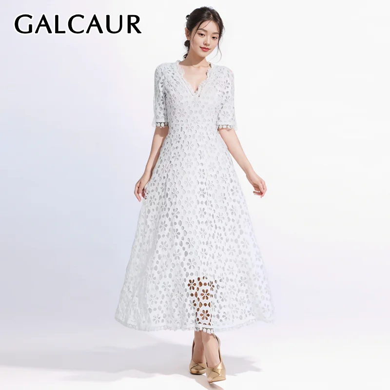 GALCAUR Hollow Out Embroidery Maxi Dresses For Women V Neck Short Sleeve High Waist Patchwork Zipper Elegant Dress Female Style
GALCAUR Hollow Out Embroidery Maxi Dresses For Women V Neck Short Sleeve High Waist Patchwork Zipper Elegant Dress Female Style