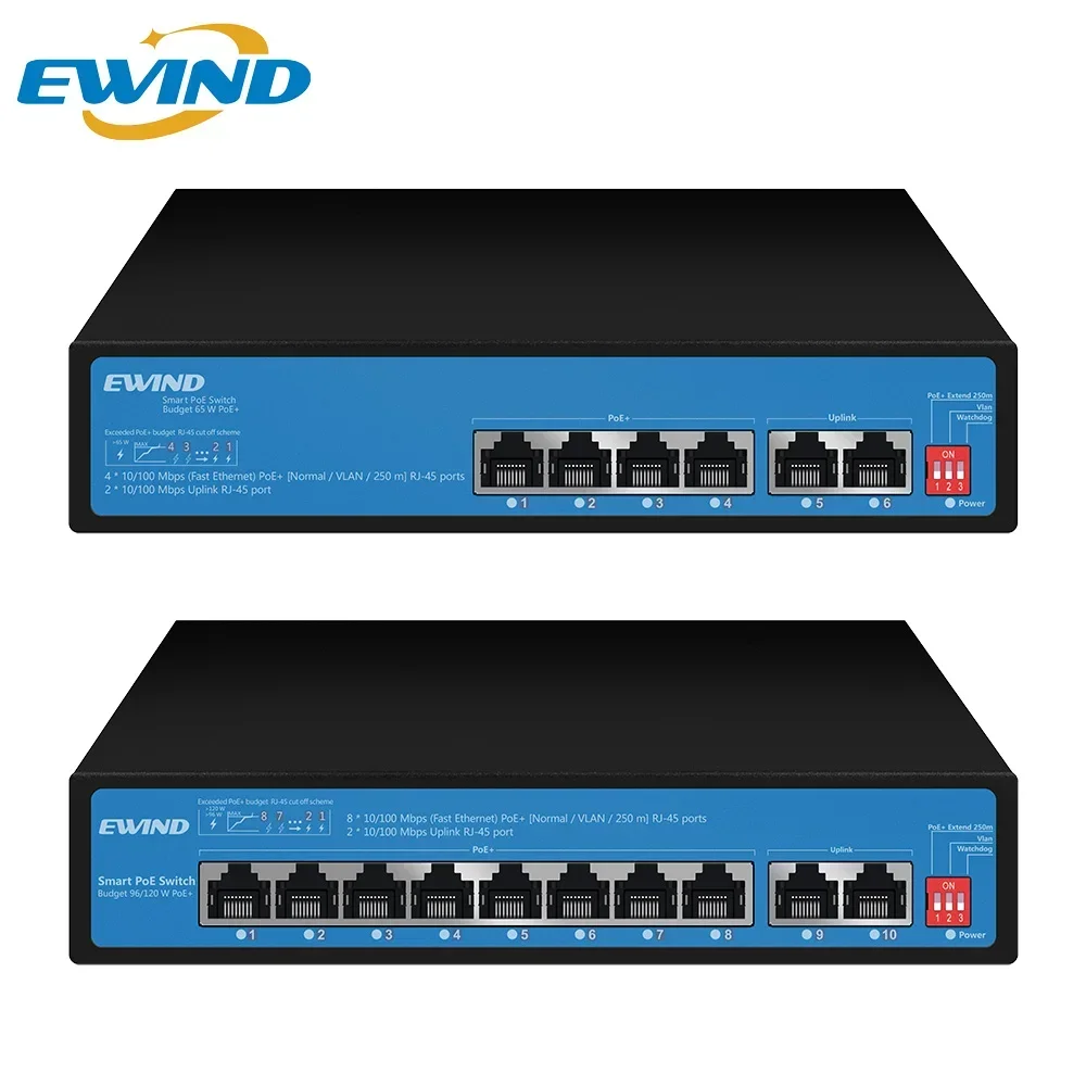 EWIND new 4/8 port 100M Ethernet switch POE switch with uplink RJ45 port network,for IP cameras/wireless AP AI smart switches
EWIND new 4/8 port 100M Ethernet switch POE switch with uplink RJ45 port network,for IP cameras/wireless AP AI smart switches