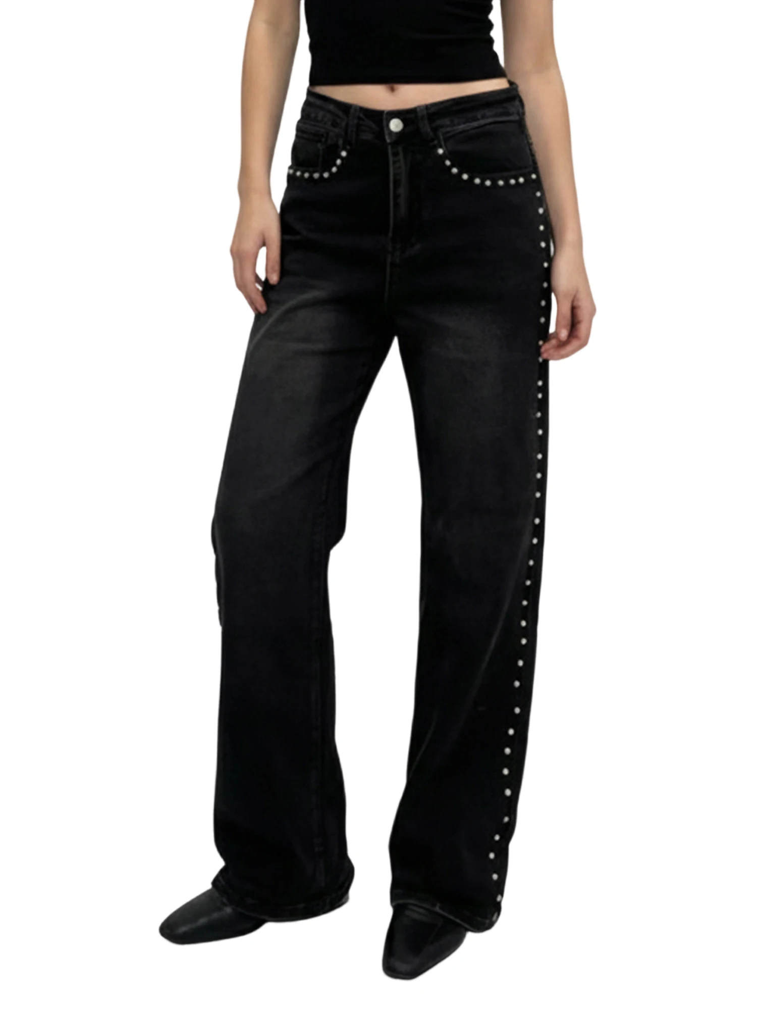Women Jeans Causal Wide Straight Leg Studded Rhinestone Decor Denim Pants with Pockets
Women Jeans Causal Wide Straight Leg Studded Rhinestone Decor Denim Pants with Pockets