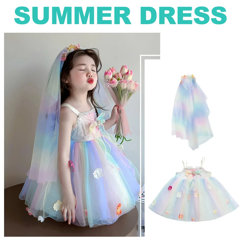Girl Rainbow Gauze Dress Baby Flowers Rainbow Gradient Color Mesh Gown Give Veil Headband Summer Children Party Dress Daliy Wear
Girl Rainbow Gauze Dress Baby Flowers Rainbow Gradient Color Mesh Gown Give Veil Headband Summer Children Party Dress Daliy Wear