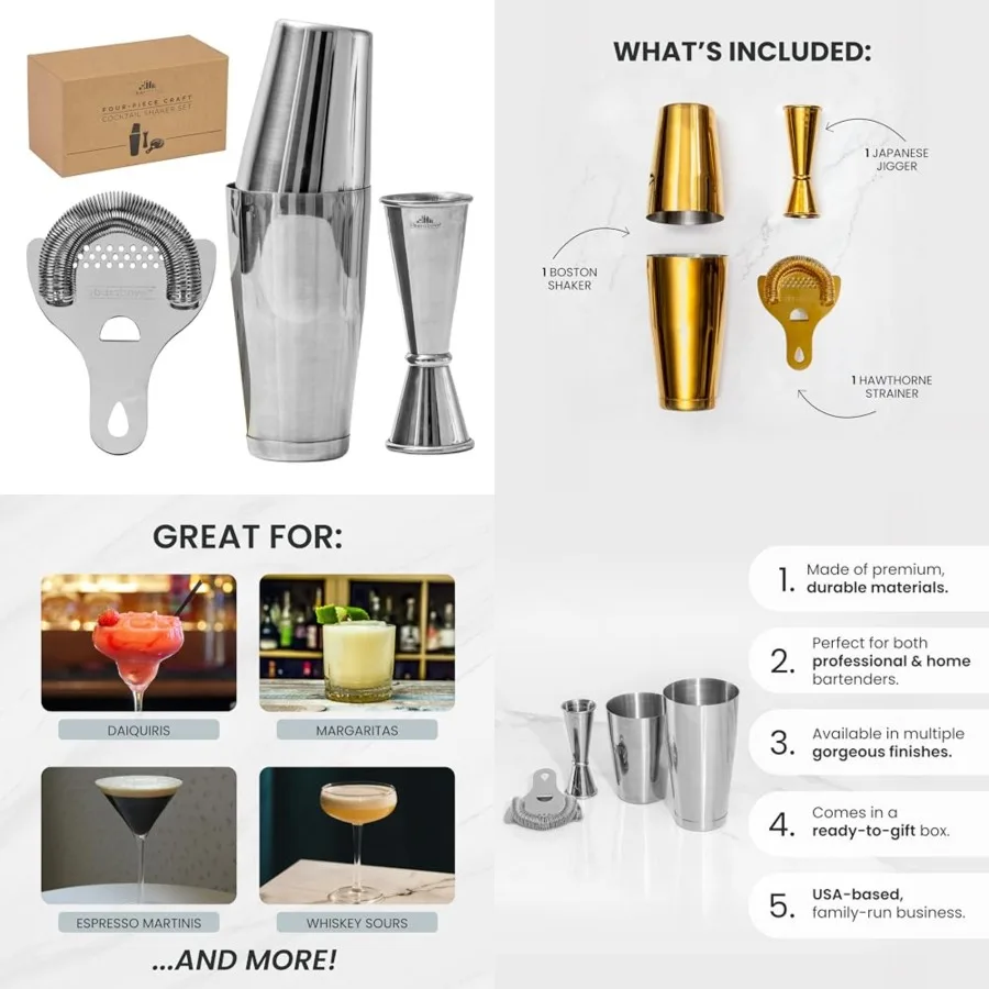 Cocktail Shaker Set, Professional tender Kit with Boston Shaker, Strainer and Jigger, Bar Accessories for Craft Cocktails, Silv
Cocktail Shaker Set, Professional tender Kit with Boston Shaker, Strainer and Jigger, Bar Accessories for Craft Cocktails, Silv