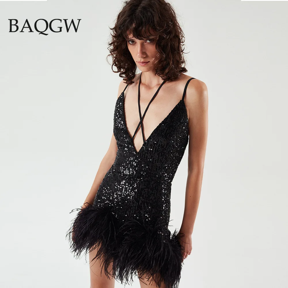 Summer Deep V Neck Designer Dress for Women Sexy Sleeveless Sequined Sparkly Elegant Feather Patchwork Black Nude Mini Dresses
Summer Deep V Neck Designer Dress for Women Sexy Sleeveless Sequined Sparkly Elegant Feather Patchwork Black Nude Mini Dresses