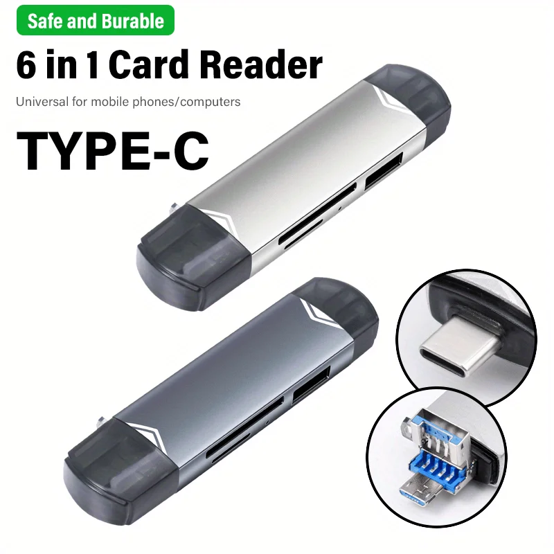 6 in 1 Type-C Multifunctional Card Reader for High-Speed TF And SD for memory Cards, Suitable for Mobile Phones And Laptops
6 in 1 Type-C Multifunctional Card Reader for High-Speed TF And SD for memory Cards, Suitable for Mobile Phones And Laptops