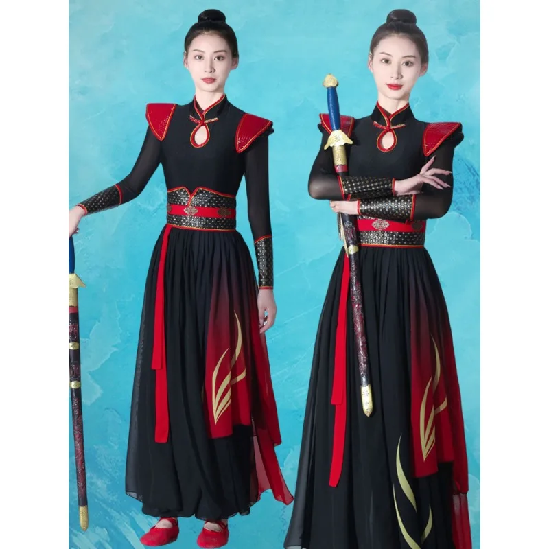 Drumming costume Martial arts swordsman Chinese wind fan dance suit sword dance costume
Drumming costume Martial arts swordsman Chinese wind fan dance suit sword dance costume