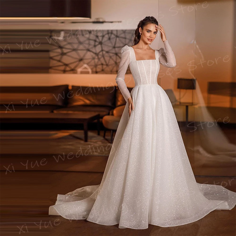 Sparkling A Line Wedding Dresses Women Shiny Long Sleeve Bride Gowns Modest Square Collar Backless Customized Vestido De Novia
Sparkling A Line Wedding Dresses Women Shiny Long Sleeve Bride Gowns Modest Square Collar Backless Customized Vestido De Novia