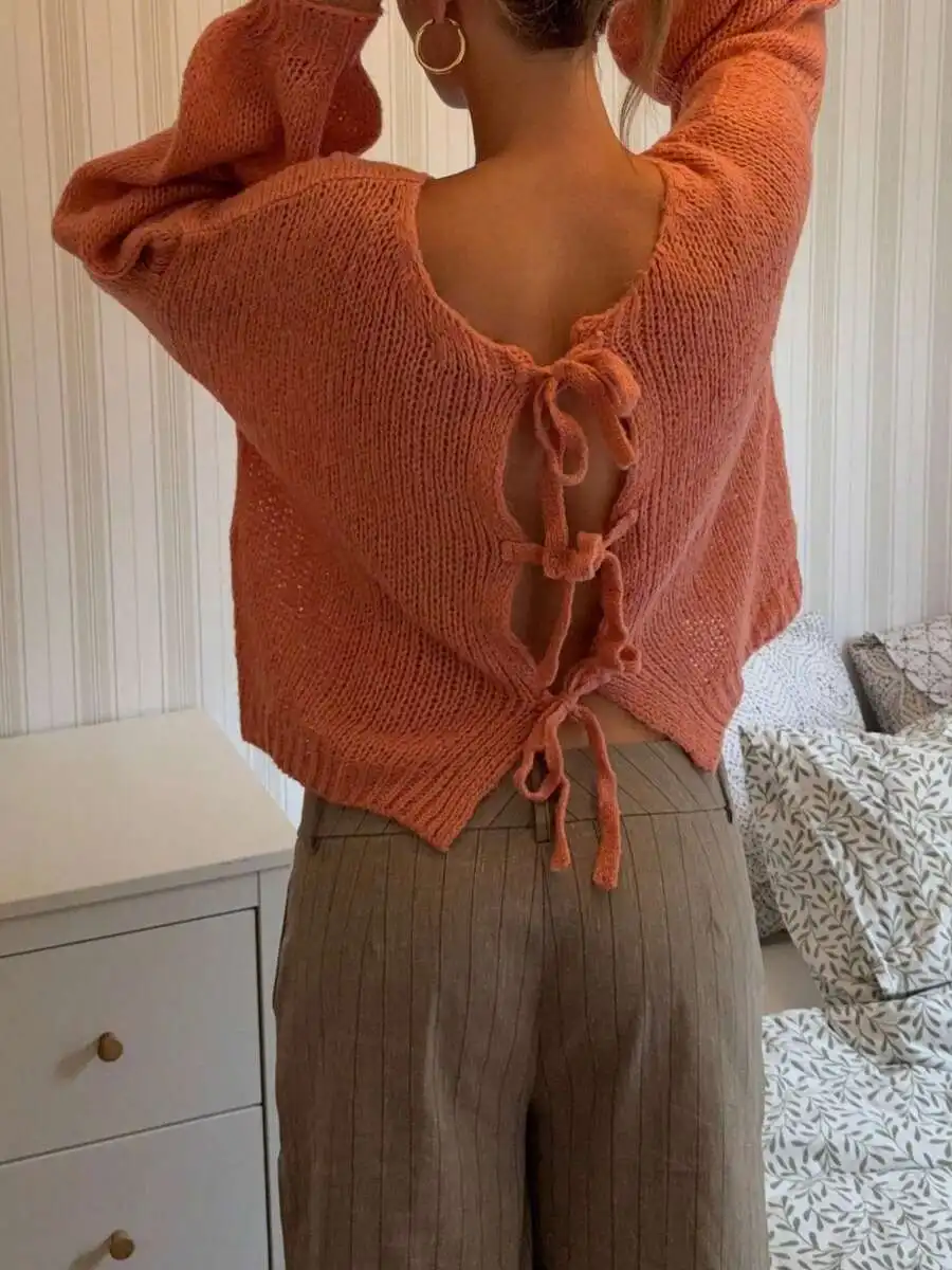 Womens Rust Orange Open Back Knit Sweater With Adjustable Lace-Up Detail Long Sleeve Casual Pullover Top
Womens Rust Orange Open Back Knit Sweater With Adjustable Lace-Up Detail Long Sleeve Casual Pullover Top