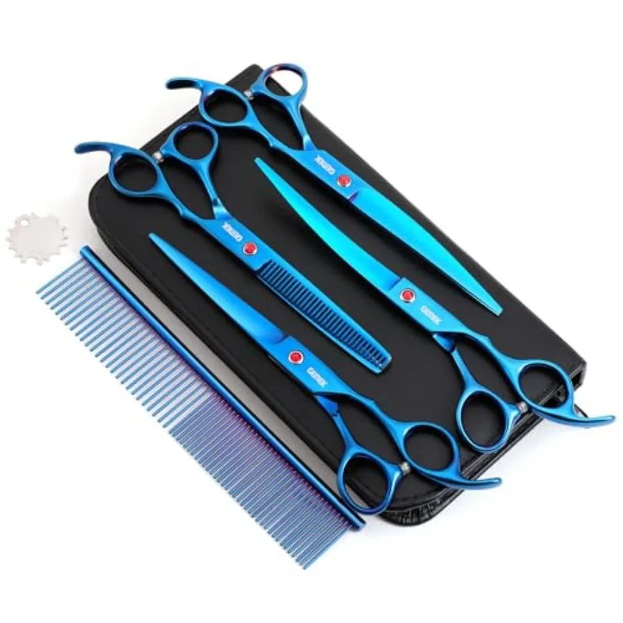 7.0in Titanium Professional Pet Grooming Scissors Set, 6 in 1 Straight and Thinning and Upwards Curved and Downwards Curved Sci
7.0in Titanium Professional Pet Grooming Scissors Set, 6 in 1 Straight and Thinning and Upwards Curved and Downwards Curved Sci