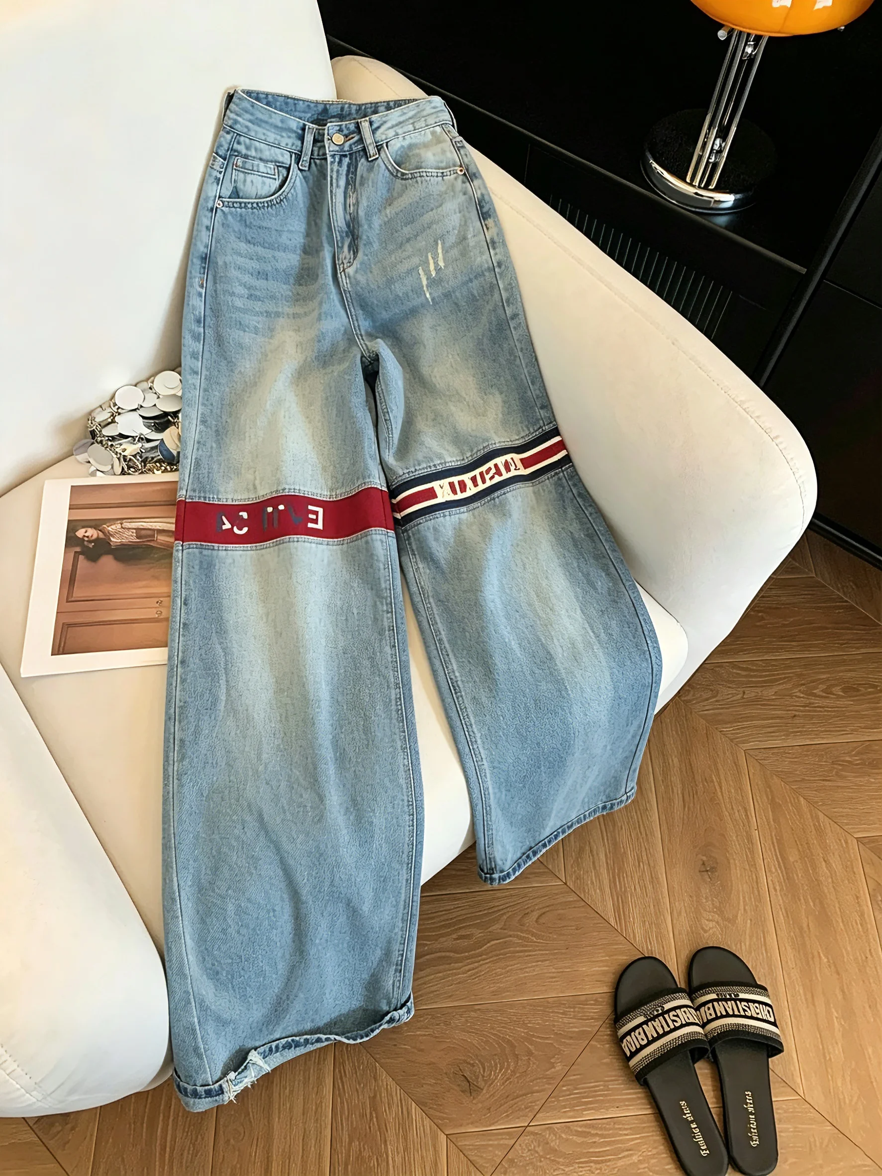 High Waist Wide Leg Denim Jeans Retro Striped Patchwork Men Women Summer Trendy Lazy Straight Cut Casual Jeans Blue Denim
High Waist Wide Leg Denim Jeans Retro Striped Patchwork Men Women Summer Trendy Lazy Straight Cut Casual Jeans Blue Denim