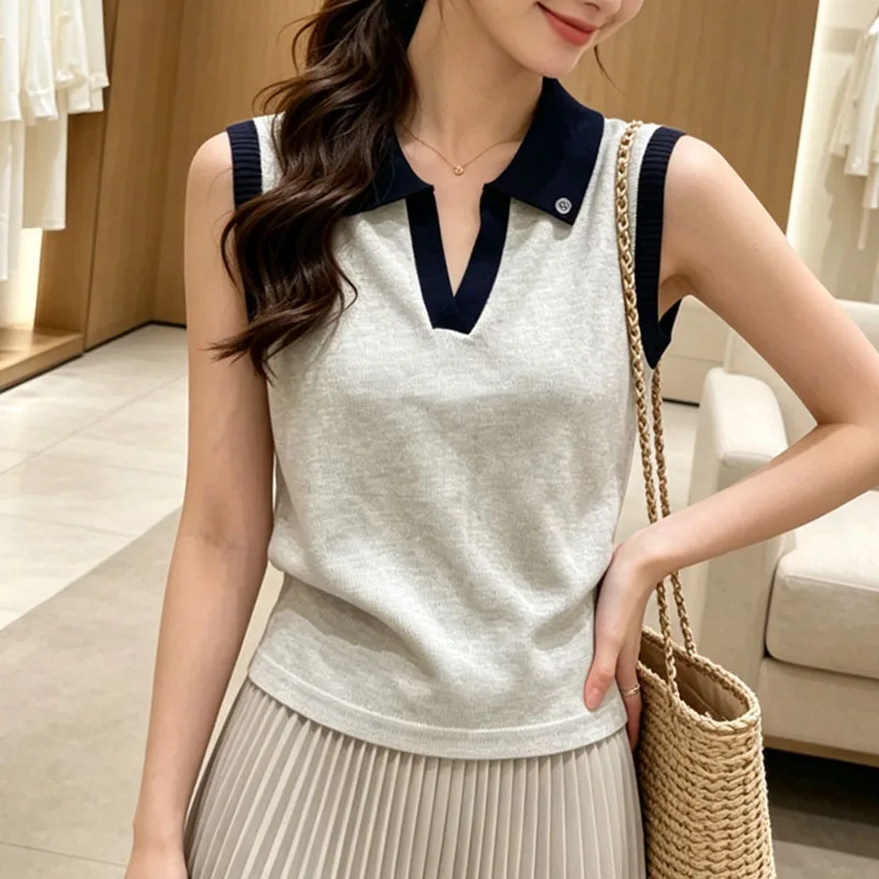 Sweaters Sleeveless Patchwork Knitted Sweater Women Pullovers New Summer Turn Down Collar Knit Sweater Pullover Women Tops Q5225
Sweaters Sleeveless Patchwork Knitted Sweater Women Pullovers New Summer Turn Down Collar Knit Sweater Pullover Women Tops Q5225