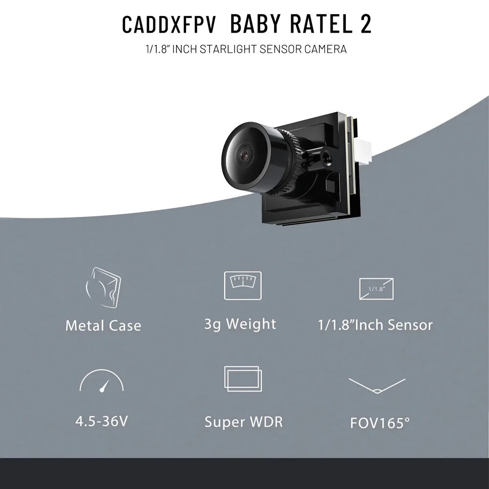 CADDXFPV Аналоговая камера Baby Ratel 2, металлический корпус, вес 3 г, датчик 1/1,8 дюйма, Super WDR для FPV дрона 
CADDXFPV Аналоговая камера Baby Ratel 2, металлический корпус, вес 3 г, датчик 1/1,8 дюйма, Super WDR для FPV дрона