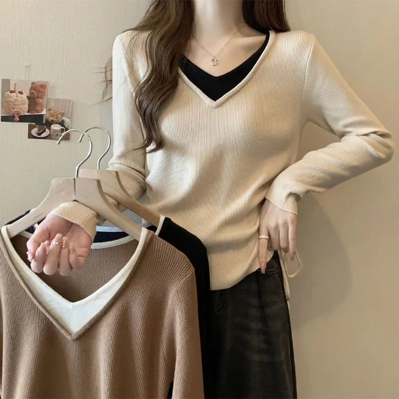 Fake Two Pieces V-Neck T-shirt Spring Autumn Patchwork Stylish Shirring Drawstring Female Clothing Contrasting Colors Pullovers
Fake Two Pieces V-Neck T-shirt Spring Autumn Patchwork Stylish Shirring Drawstring Female Clothing Contrasting Colors Pullovers