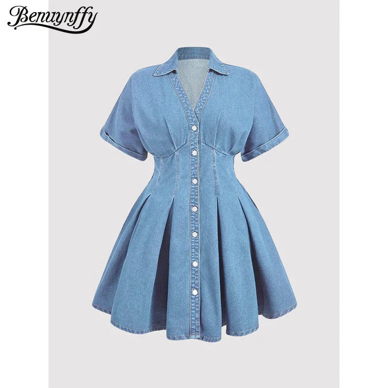 Benuynffy Summer Short Sleeved Denim Shirt Dress Women Vintage Single Breasted Elastic Waist Pleated A-Line Mini Dresses 2026
Benuynffy Summer Short Sleeved Denim Shirt Dress Women Vintage Single Breasted Elastic Waist Pleated A-Line Mini Dresses 2026