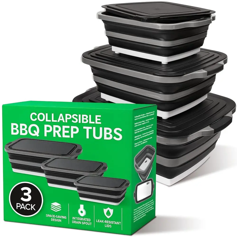 3-Piece Collapsible BBQ Prep Tubs with Lids and Drain Spouts for Portable Meat Marinating, Grilling, and Outdoor Cooking
3-Piece Collapsible BBQ Prep Tubs with Lids and Drain Spouts for Portable Meat Marinating, Grilling, and Outdoor Cooking