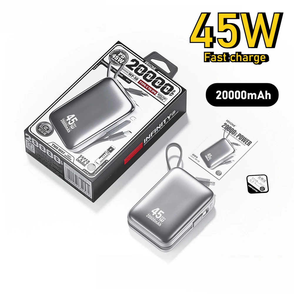 45 Вт Power Bank с быстрой зарядкой, 20000 мАч, встроенный 2 кабеля, портативный запасной аккумулятор для Samsung IPhone Xiaomi Huawei Samsung
45 Вт Power Bank с быстрой зарядкой, 20000 мАч, встроенный 2 кабеля, портативный запасной аккумулятор для Samsung IPhone Xiaomi Huawei Samsung