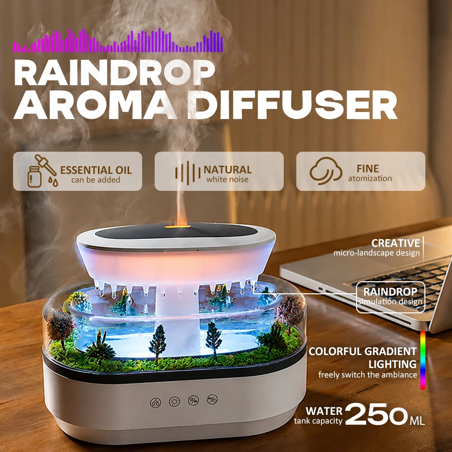 White Noise Raindrop Aroma Diffuser, 7 Color Light, 250ml, Quiet Humidifier, Essential Oil Diffuser, Miniature Landscape Decor
White Noise Raindrop Aroma Diffuser, 7 Color Light, 250ml, Quiet Humidifier, Essential Oil Diffuser, Miniature Landscape Decor