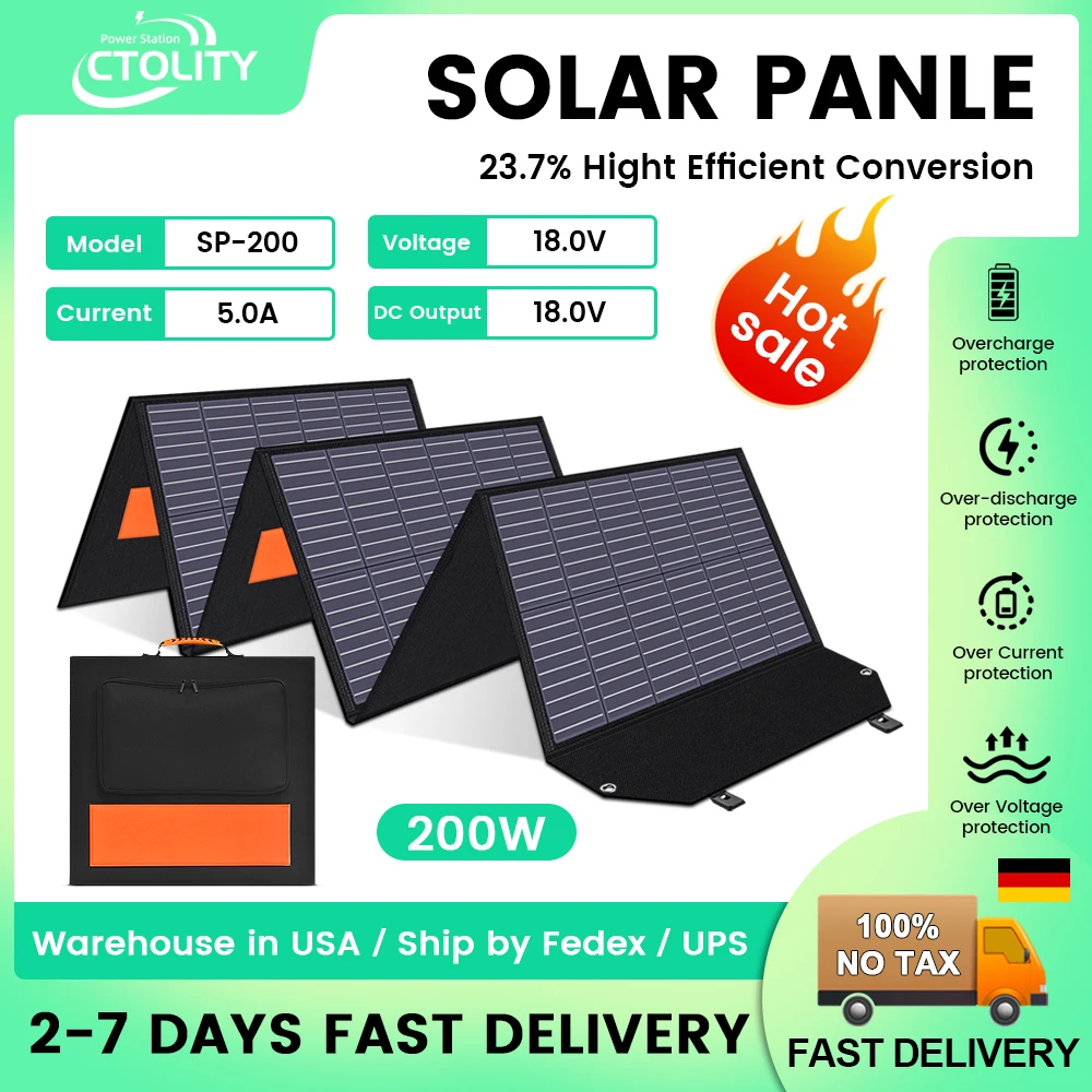 Комплект портативной солнечной панели CTOLITY 200 Вт, складное солнечное зарядное устройство 20,5 В, эффективность 23%, для всех электростанций для кемпинга, аккумуляторов для автофургонов
Комплект портативной солнечной панели CTOLITY 200 Вт, складное солнечное зарядное устройство 20,5 В, эффективность 23%, для всех электростанций для кемпинга, аккумуляторов для автофургонов