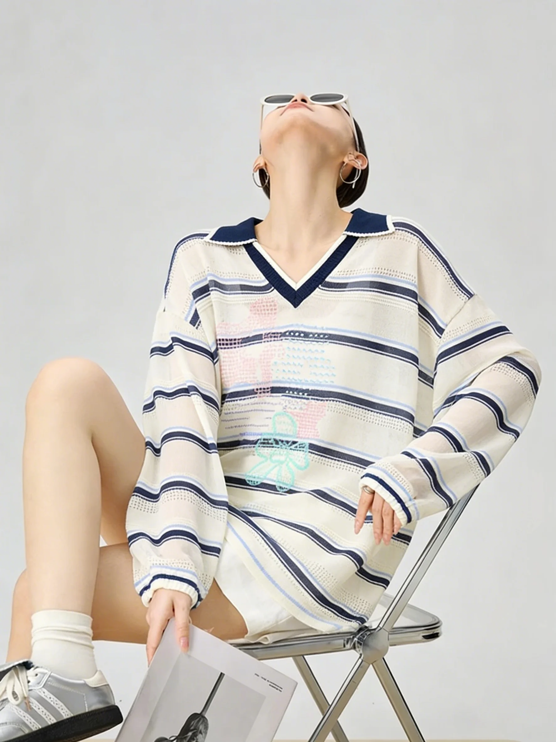 Korean Style Blue White Striped Long Sleeve Knitted T-Shirt Women's Summer Chic Cover up Top Hollow out Collared Striped Tee
Korean Style Blue White Striped Long Sleeve Knitted T-Shirt Women's Summer Chic Cover up Top Hollow out Collared Striped Tee