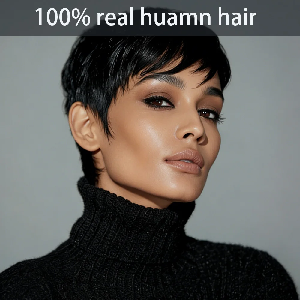 #1B Black Women'S Short Straight Pixie Cut Wig Brazilian Remy Human Hair Wigs With Bangs 180% Density Full Machine Made Wig
#1B Black Women'S Short Straight Pixie Cut Wig Brazilian Remy Human Hair Wigs With Bangs 180% Density Full Machine Made Wig
