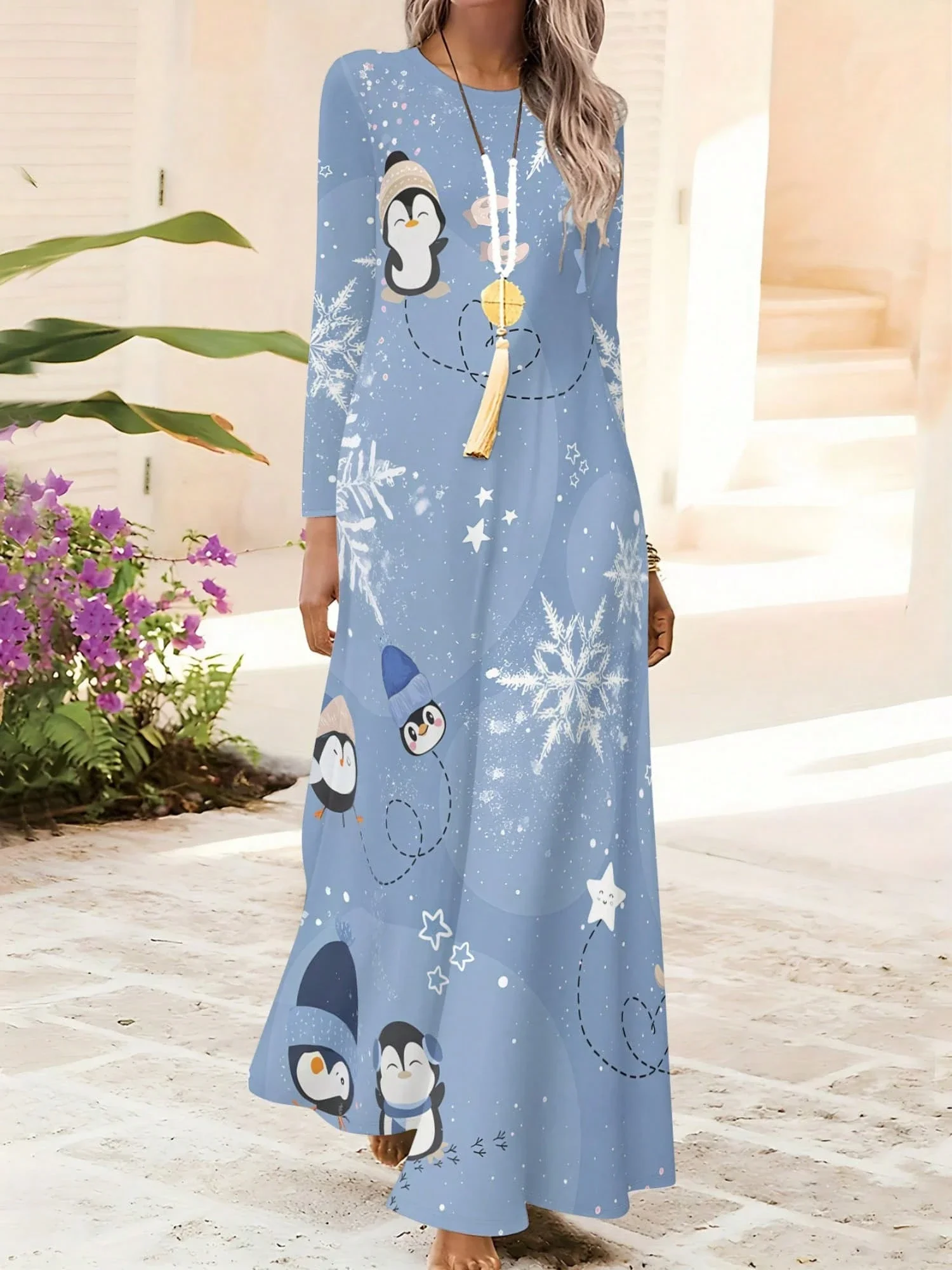 Women's Elegant Penguin And Snowflake Print Maxi Dress Long Sleeve A-Line Flared Hem Loose Fit Fall Winter
Women's Elegant Penguin And Snowflake Print Maxi Dress Long Sleeve A-Line Flared Hem Loose Fit Fall Winter