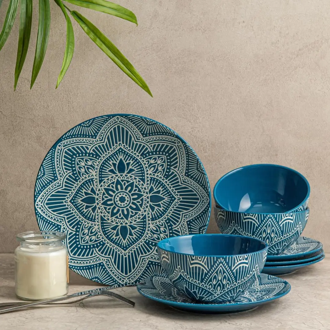 12-Piece Ceramic Dinnerware Set: La La Mandala Blue Dish Set Design for Every Occasion - Microwave & Dishwasher Safe Sta
12-Piece Ceramic Dinnerware Set: La La Mandala Blue Dish Set Design for Every Occasion - Microwave & Dishwasher Safe Sta
