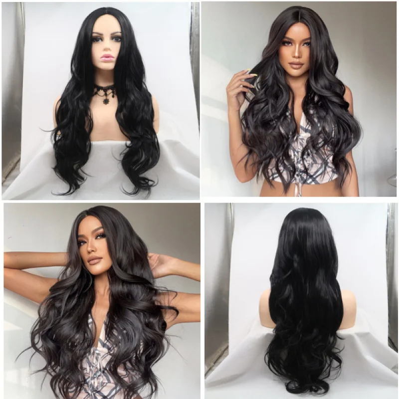 Synthetic fiber lace front wig, black, middle-parted, large wavy long curly hair, natural for everyday use
Synthetic fiber lace front wig, black, middle-parted, large wavy long curly hair, natural for everyday use