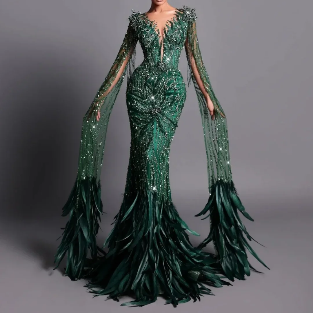 Sequins Feather Prom Dress Tassel V Neck Long Sleeves Mermaid Party Gowns Exquisite Crystal Evening Dresses Customized
Sequins Feather Prom Dress Tassel V Neck Long Sleeves Mermaid Party Gowns Exquisite Crystal Evening Dresses Customized