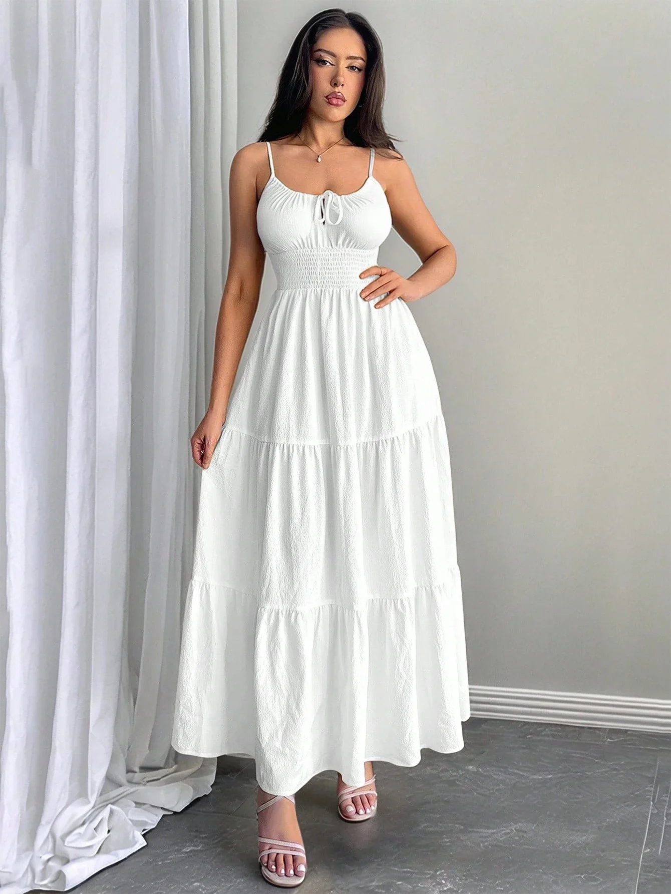 Womens Drawstring Shirred Waist Tiered A-Line Maxi Dress
Womens Drawstring Shirred Waist Tiered A-Line Maxi Dress