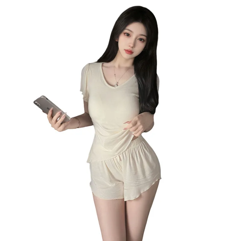 Women's Summer Modal Short-sleeve Pajama Set With Chest Pads High-end Casual Home Wear Casual Pure Desire Style Sleepwear HKVB
Women's Summer Modal Short-sleeve Pajama Set With Chest Pads High-end Casual Home Wear Casual Pure Desire Style Sleepwear HKVB