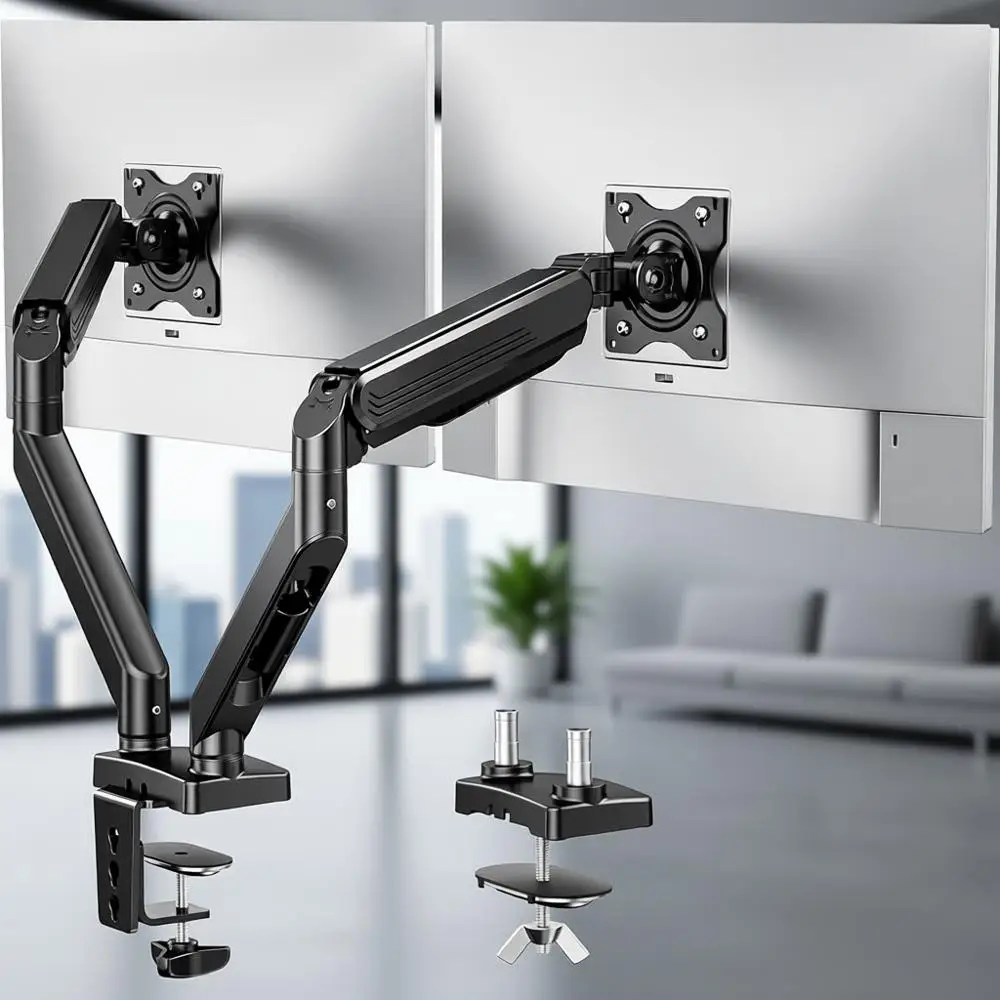 Fully Adjustable Dual Monitor Stand with VESA Mounts, Gas Spring, Clamp and Grommet Bases, Supports 17-32 Screens, 4.4-19.8lbs
Fully Adjustable Dual Monitor Stand with VESA Mounts, Gas Spring, Clamp and Grommet Bases, Supports 17-32 Screens, 4.4-19.8lbs