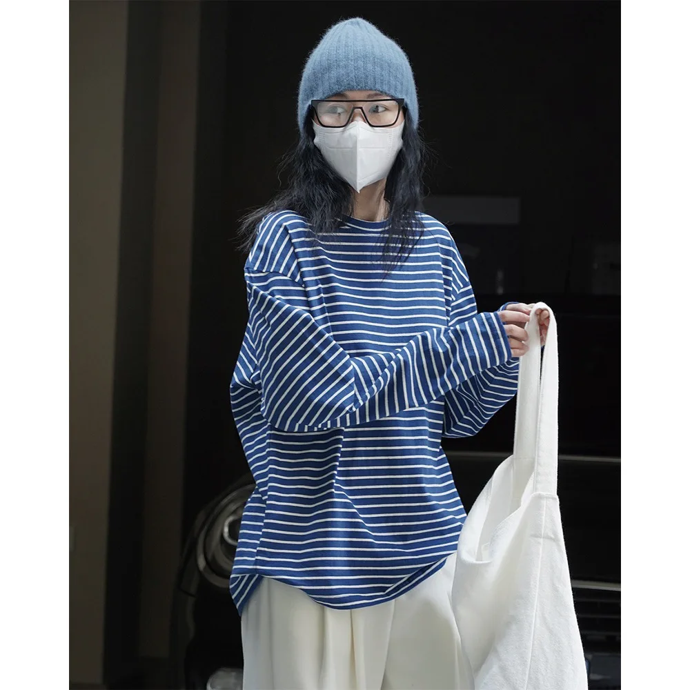 T-shirt 2025 Spring Korean version simple retro striped round neck loose slimming long sleeved casual top for women
T-shirt 2025 Spring Korean version simple retro striped round neck loose slimming long sleeved casual top for women