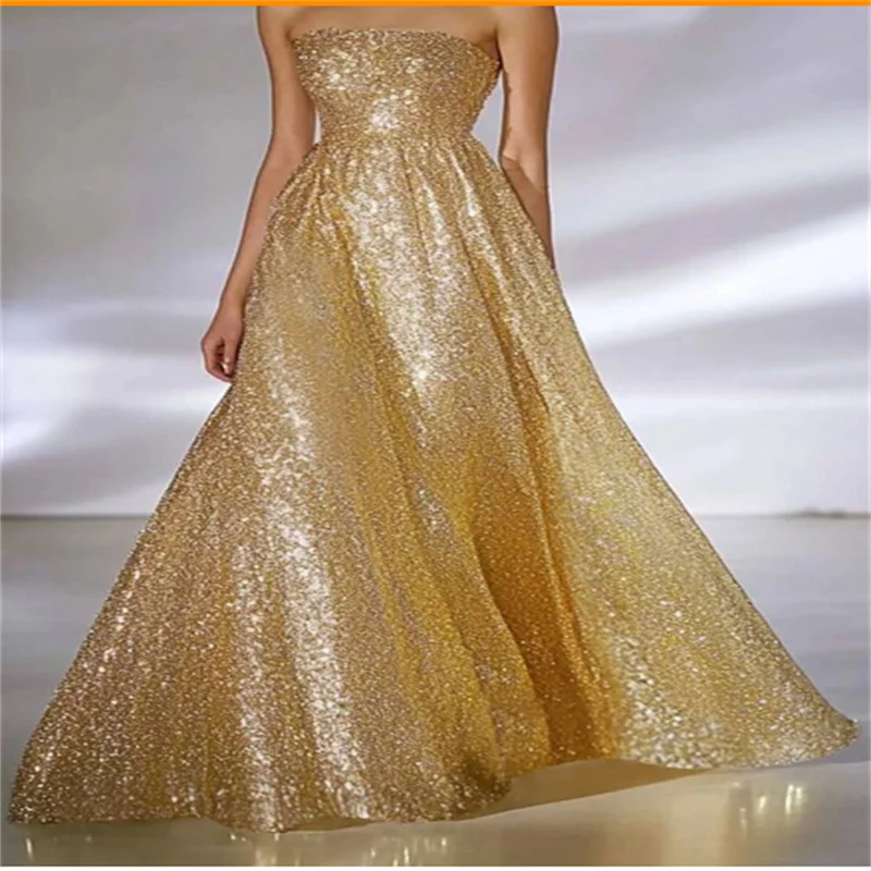 Gold Sequine Strapless Prom Dresses Lace-up Back A-line Elegant Sleeveless Formal Evening Gown 2025 Customized New Arrival
Gold Sequine Strapless Prom Dresses Lace-up Back A-line Elegant Sleeveless Formal Evening Gown 2025 Customized New Arrival