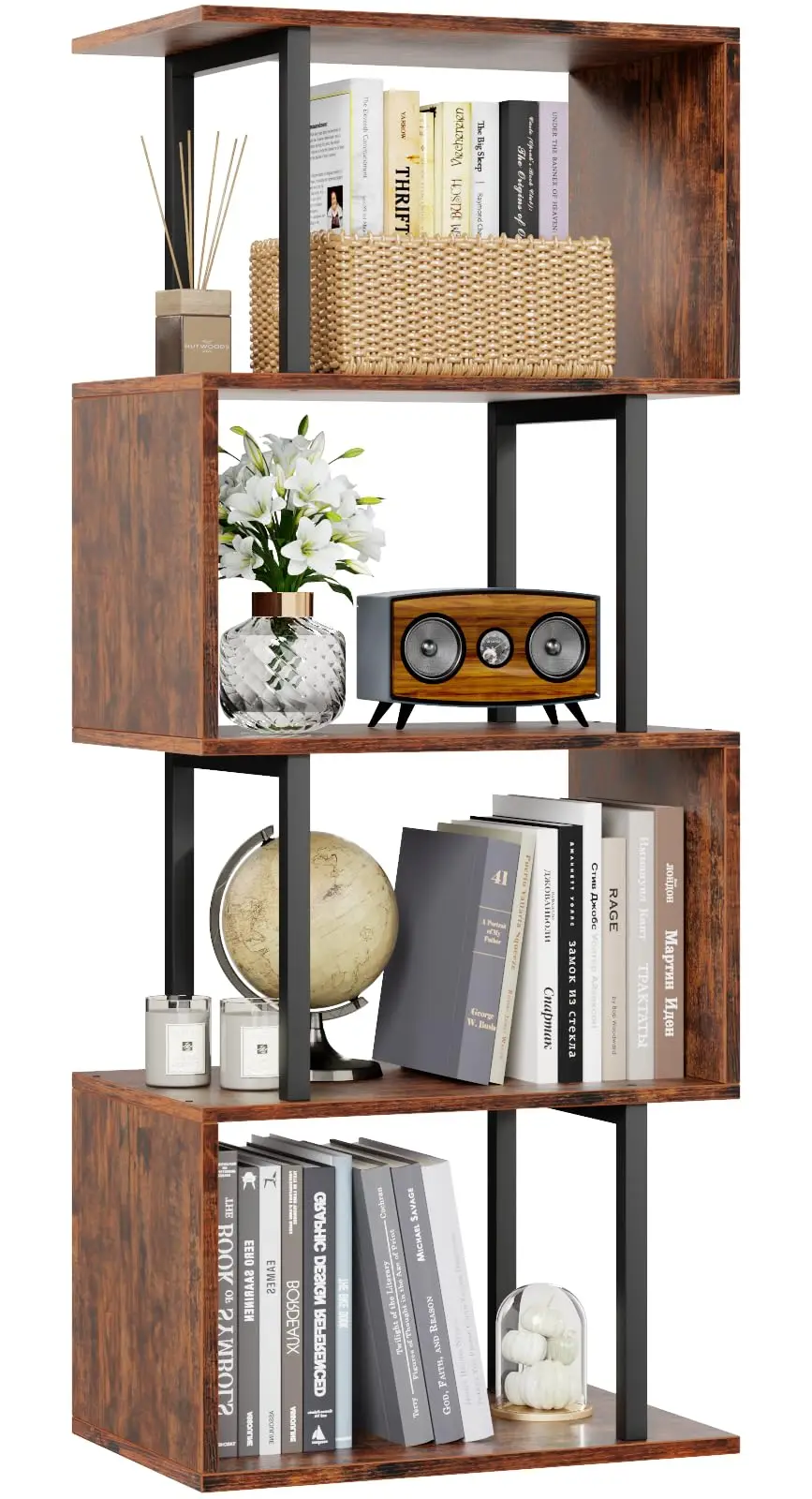 Six-Tier S-Shaped Geometric Bookcase With Wood And Metal Frame, Rustic Brown Standing Shelf For Living Room, Bedroom, Office
Six-Tier S-Shaped Geometric Bookcase With Wood And Metal Frame, Rustic Brown Standing Shelf For Living Room, Bedroom, Office