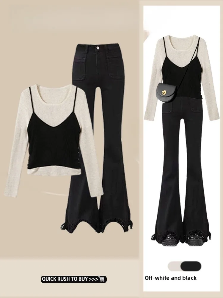 Early Autumn Lightweight Denim Two-Piece Set with Long Sve Crop Top And High Waist Flared Jeans Asymmetrical Hemline Design
Early Autumn Lightweight Denim Two-Piece Set with Long Sve Crop Top And High Waist Flared Jeans Asymmetrical Hemline Design