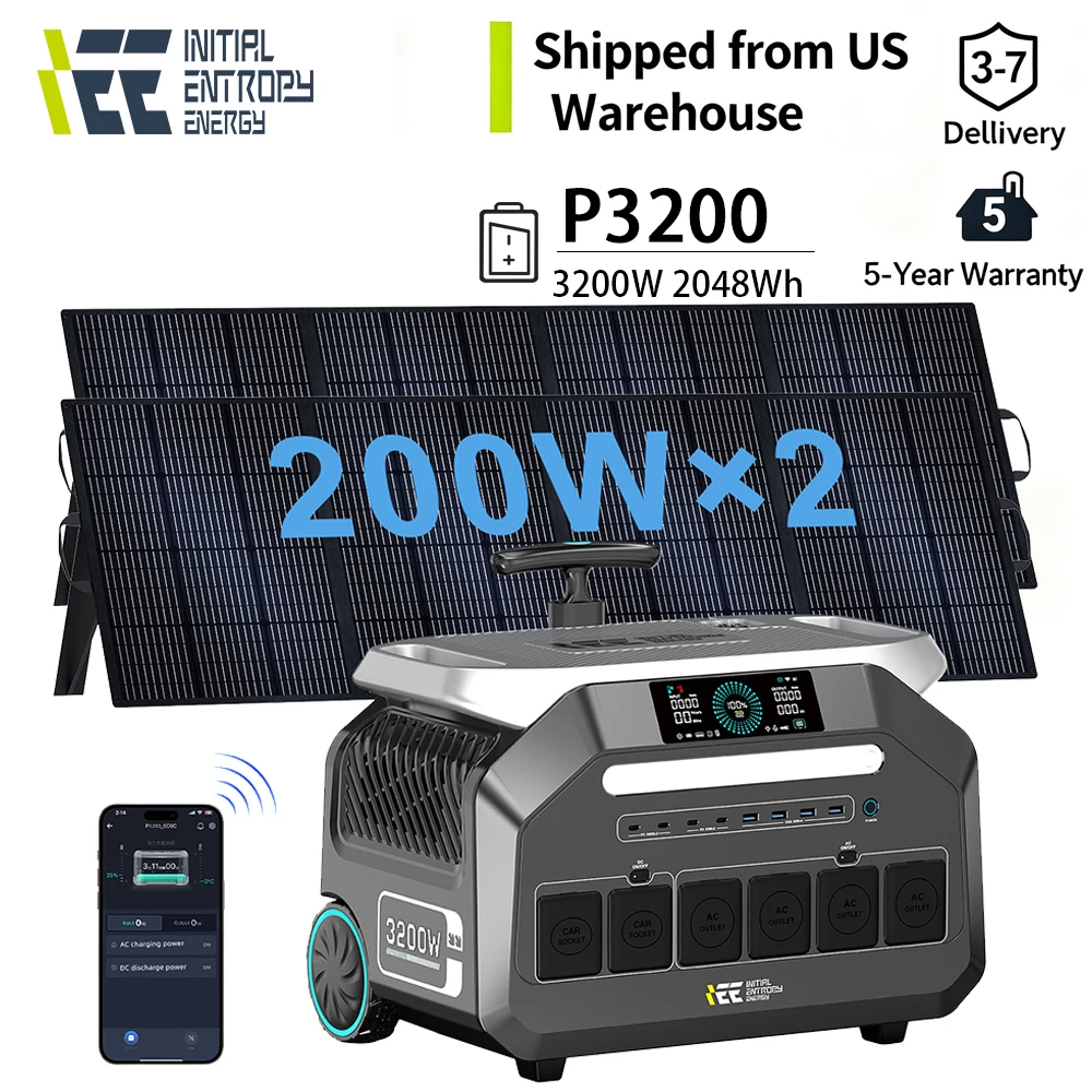 IEE 3200W Portable Power Station P3200 Solar Generator 2048Wh Pure sine wave APP Control with 2 X 200W Solar Panels Trolley
IEE 3200W Portable Power Station P3200 Solar Generator 2048Wh Pure sine wave APP Control with 2 X 200W Solar Panels Trolley